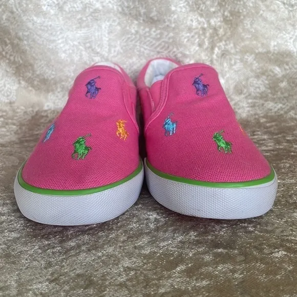 Brand New Polo Ralph Lauren Girls Pink Multicolor Pony Canvas Slip On Sneakers