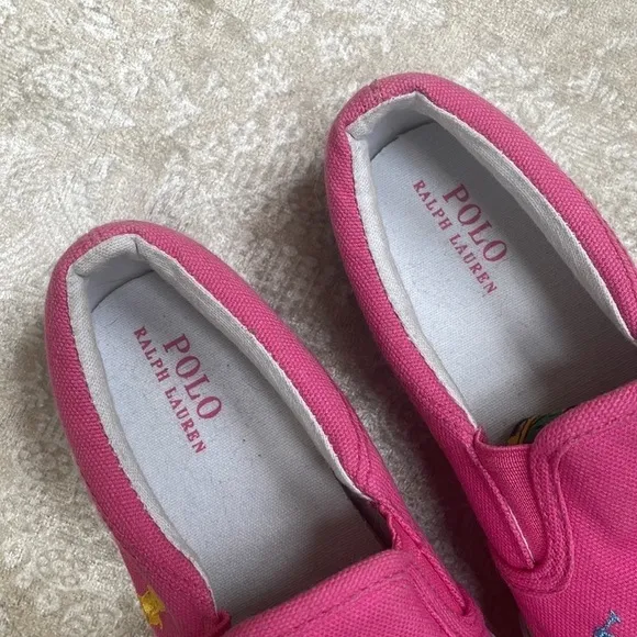 Brand New Polo Ralph Lauren Girls Pink Multicolor Pony Canvas Slip On Sneakers