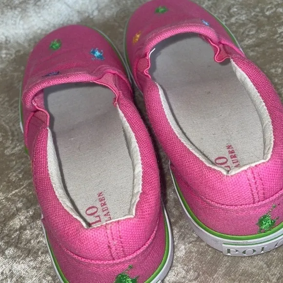 Brand New Polo Ralph Lauren Girls Pink Multicolor Pony Canvas Slip On Sneakers