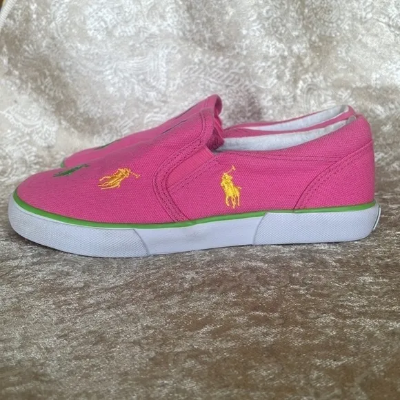 Brand New Polo Ralph Lauren Girls Pink Multicolor Pony Canvas Slip On Sneakers
