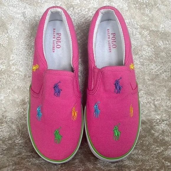 Brand New Polo Ralph Lauren Girls Pink Multicolor Pony Canvas Slip On Sneakers