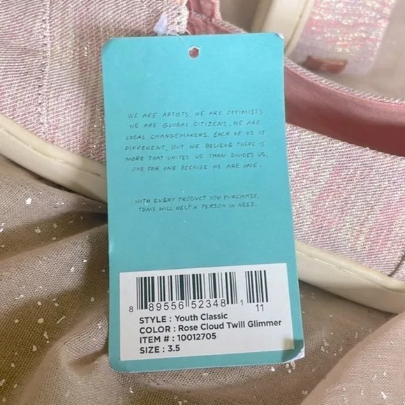 Brand New Toms Girls Rose Cloud Twill Glimmer Slip On Sneakers Metallic Shimmer
