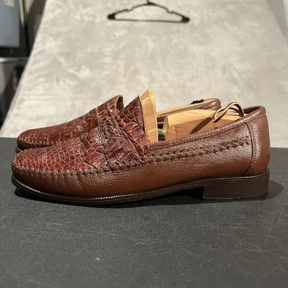 Brass Boot Loafers Men's 9 M Brown Leather Genuine Caiman Alligator