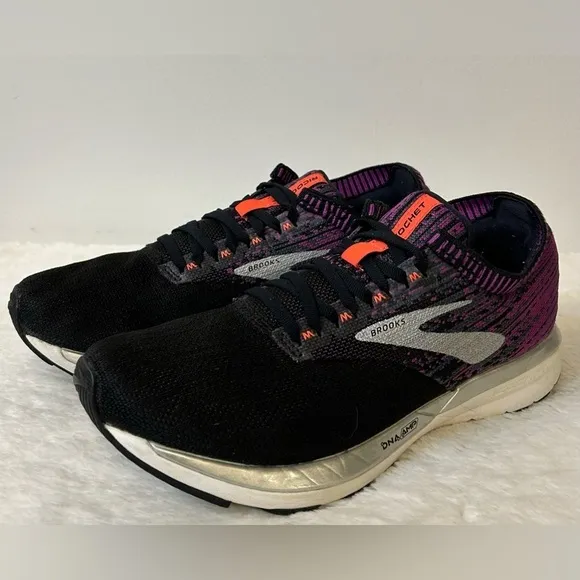 Brooks Women’s Ricochet Running Shoe Black/Purple/Coral Size 8.5