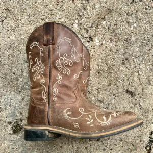 Brown Embroidered Kids Cowboy Boots