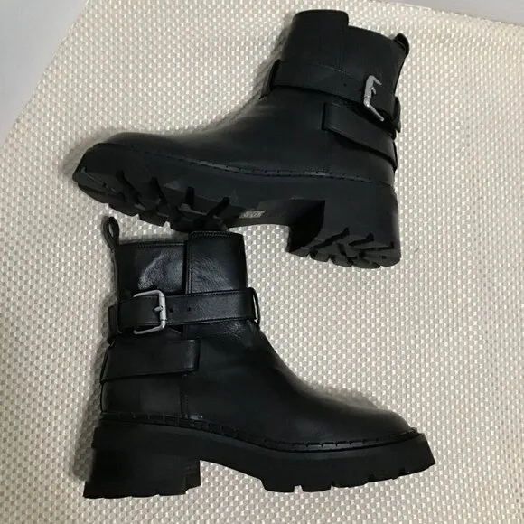 By Far Womens Black Leather buckle w/straps Round Toe Slip On Ankle Boots Sz 37
