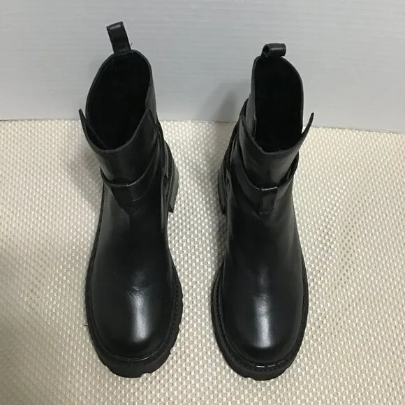 By Far Womens Black Leather buckle w/straps Round Toe Slip On Ankle Boots Sz 37