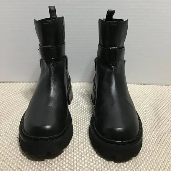 By Far Womens Black Leather buckle w/straps Round Toe Slip On Ankle Boots Sz 37