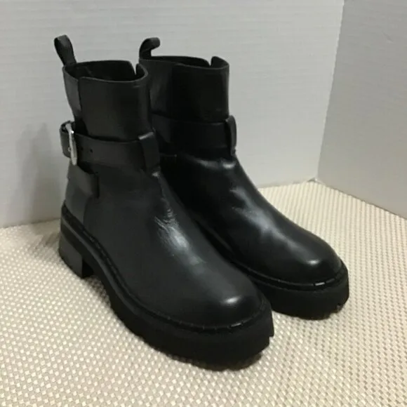 By Far Womens Black Leather buckle w/straps Round Toe Slip On Ankle Boots Sz 37