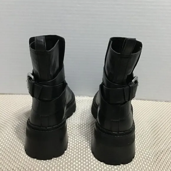 By Far Womens Black Leather buckle w/straps Round Toe Slip On Ankle Boots Sz 37