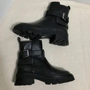 By Far Womens Black Leather buckle w/straps Round Toe Slip On Ankle Boots Sz 37