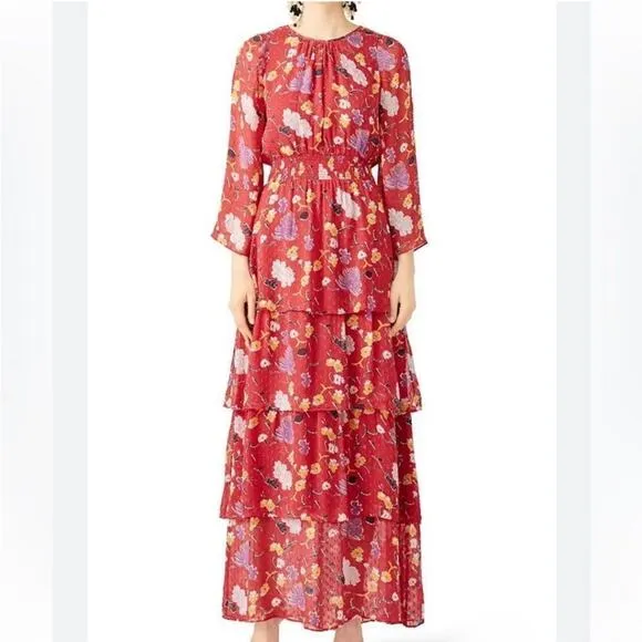 By Timo dress Women L Boho Red Purple Romantic Floral maxi tiered Fairy