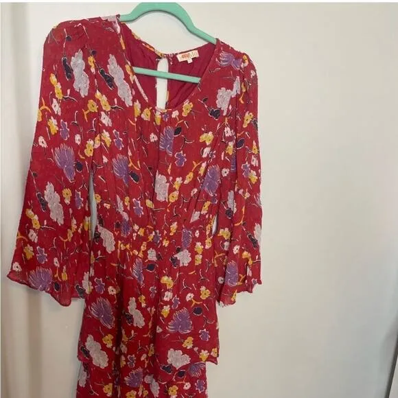 By Timo dress Women L Boho Red Purple Romantic Floral maxi tiered Fairy