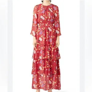 By Timo dress Women L Boho Red Purple Romantic Floral maxi tiered Fairy