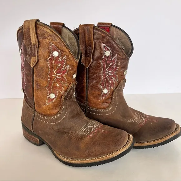 CABALLO DORADO WESTERN BROWN LEATHER COWBOY SQUARE TOE BOOTS RHINESTONE Size 5