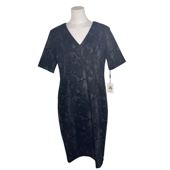 Calvin Klein Black Sheath Dress 14 NWT Snakeskin V-Neck Pleated Officecore