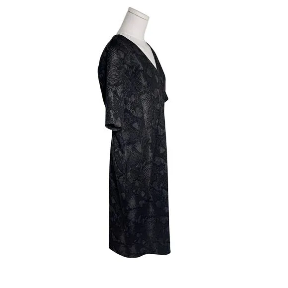 Calvin Klein Black Sheath Dress 14 NWT Snakeskin V-Neck Pleated Officecore