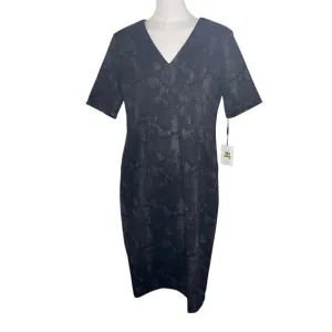 Calvin Klein Black Sheath Dress 14 NWT Snakeskin V-Neck Pleated Officecore