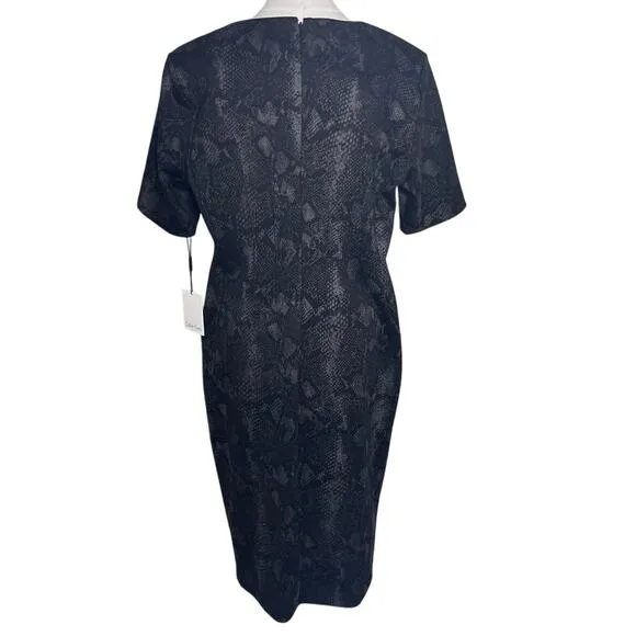 Calvin Klein Black Sheath Dress 14 NWT Snakeskin V-Neck Pleated Officecore