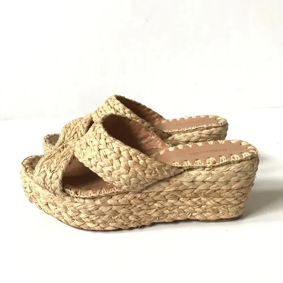 Carrie Forbes Bella Wedge Sandals Womens 36 6 Tan Platform Raffia Open Toe Shoes