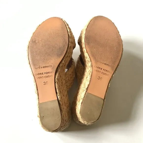 Carrie Forbes Bella Wedge Sandals Womens 36 6 Tan Platform Raffia Open Toe Shoes