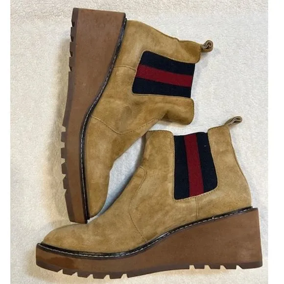 CECELIA NEW YORK Nutella Tan Suede Wedge Chelsea Booties Gemma Gwen Boots Sz 6.5