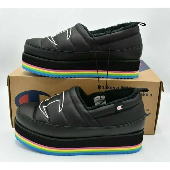 Champion Womens Size 9 Hot Stuff Black Platform Slippers Shoes