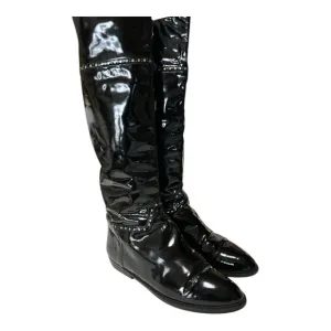 Charles Jourdan Patent Leather Tall Boots Flat Heel Glossy Black with Gold 10B