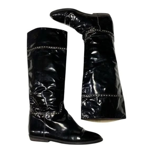 Charles Jourdan Patent Leather Tall Boots Flat Heel Glossy Black with Gold 10B
