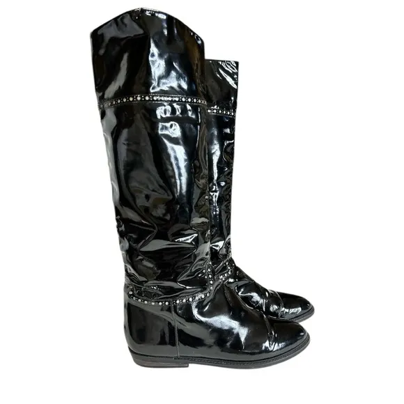 Charles Jourdan Patent Leather Tall Boots Flat Heel Glossy Black with Gold 10B
