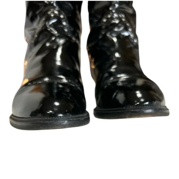 Charles Jourdan Patent Leather Tall Boots Flat Heel Glossy Black with Gold 10B