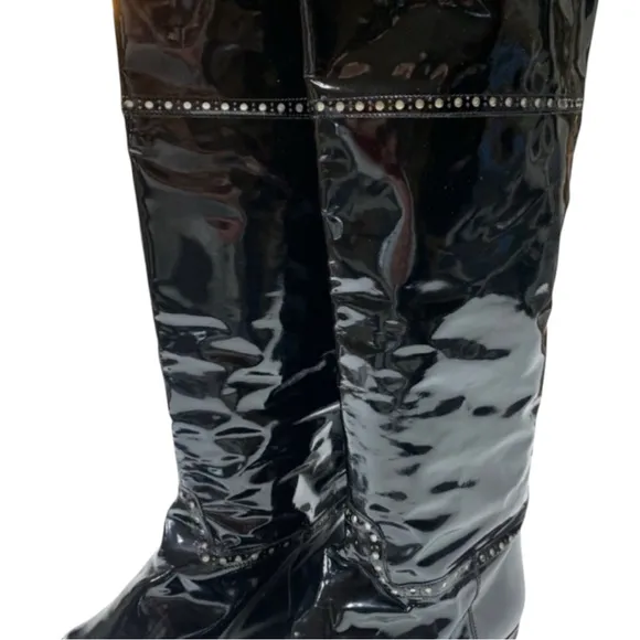 Charles Jourdan Patent Leather Tall Boots Flat Heel Glossy Black with Gold 10B