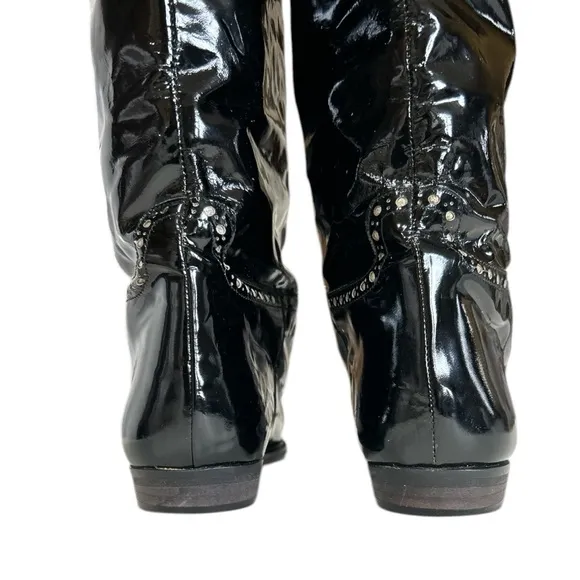 Charles Jourdan Patent Leather Tall Boots Flat Heel Glossy Black with Gold 10B