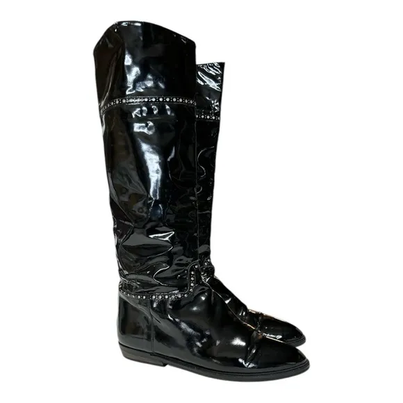 Charles Jourdan Patent Leather Tall Boots Flat Heel Glossy Black with Gold 10B