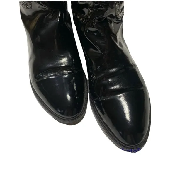 Charles Jourdan Patent Leather Tall Boots Flat Heel Glossy Black with Gold 10B