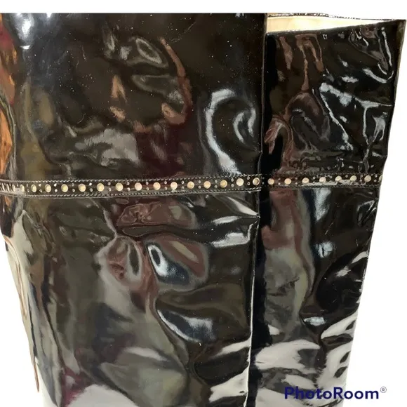 Charles Jourdan Patent Leather Tall Boots Flat Heel Glossy Black with Gold 10B