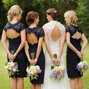 Charming  Lace Navy Blue Open Back Knee-Length Short Mini  Cheap Bridesmaid Dresses, WG095
