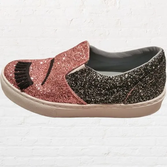Chiara Ferragni Vera Pelle Glitter Eye Slip On Sneakers Size 37 (6.5)
