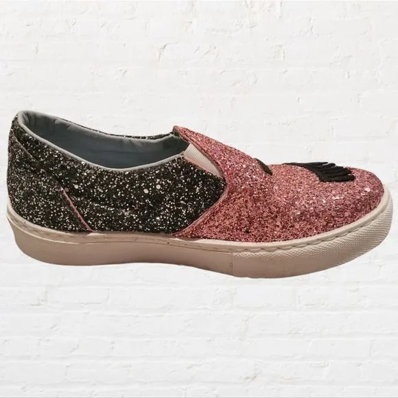 Chiara Ferragni Vera Pelle Glitter Eye Slip On Sneakers Size 37 (6.5)