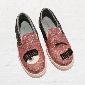 Chiara Ferragni Vera Pelle Glitter Eye Slip On Sneakers Size 37 (6.5)