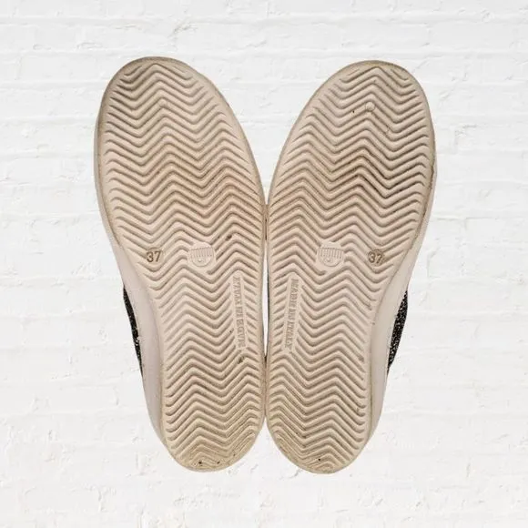 Chiara Ferragni Vera Pelle Glitter Eye Slip On Sneakers Size 37 (6.5)