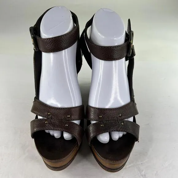 CHLOÉ 2000s Platform Wood Wedge Sandals US 10 Brown Ankle Strap Stud Shoes Chloe