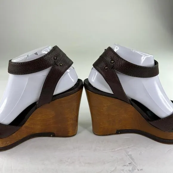 CHLOÉ 2000s Platform Wood Wedge Sandals US 10 Brown Ankle Strap Stud Shoes Chloe