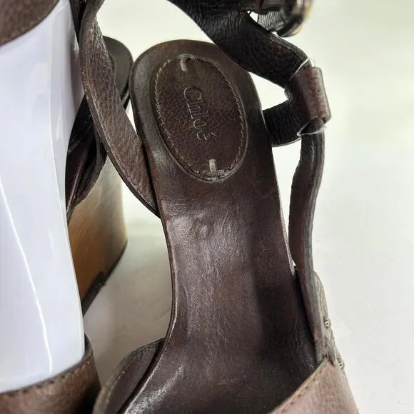 CHLOÉ 2000s Platform Wood Wedge Sandals US 10 Brown Ankle Strap Stud Shoes Chloe