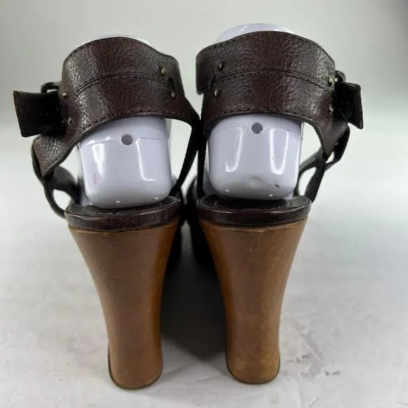 CHLOÉ 2000s Platform Wood Wedge Sandals US 10 Brown Ankle Strap Stud Shoes Chloe