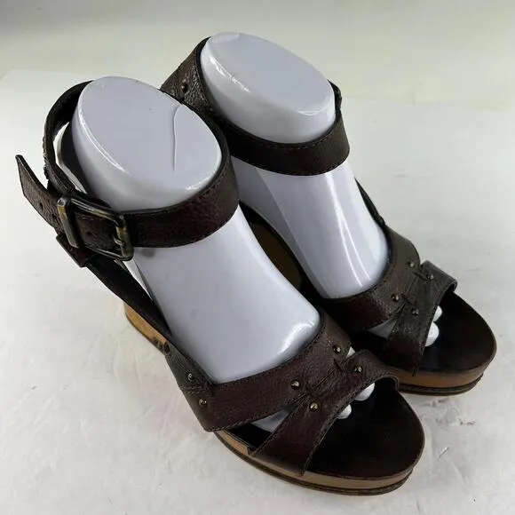 CHLOÉ 2000s Platform Wood Wedge Sandals US 10 Brown Ankle Strap Stud Shoes Chloe