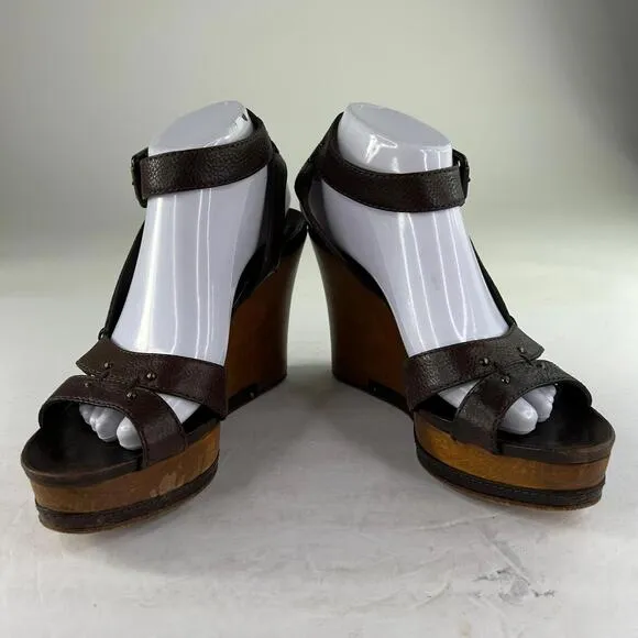 CHLOÉ 2000s Platform Wood Wedge Sandals US 10 Brown Ankle Strap Stud Shoes Chloe