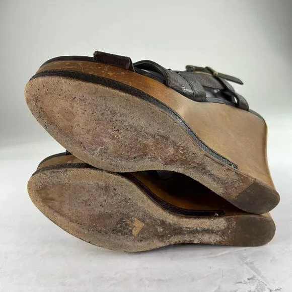 CHLOÉ 2000s Platform Wood Wedge Sandals US 10 Brown Ankle Strap Stud Shoes Chloe