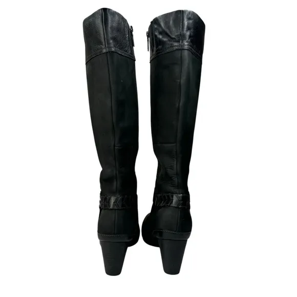 Clark’s Artisan Black Leather Heeled Knee Boots Size 10 Moto-Western Style Vibe