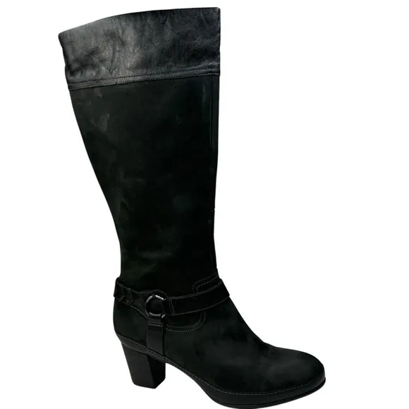 Clark’s Artisan Black Leather Heeled Knee Boots Size 10 Moto-Western Style Vibe
